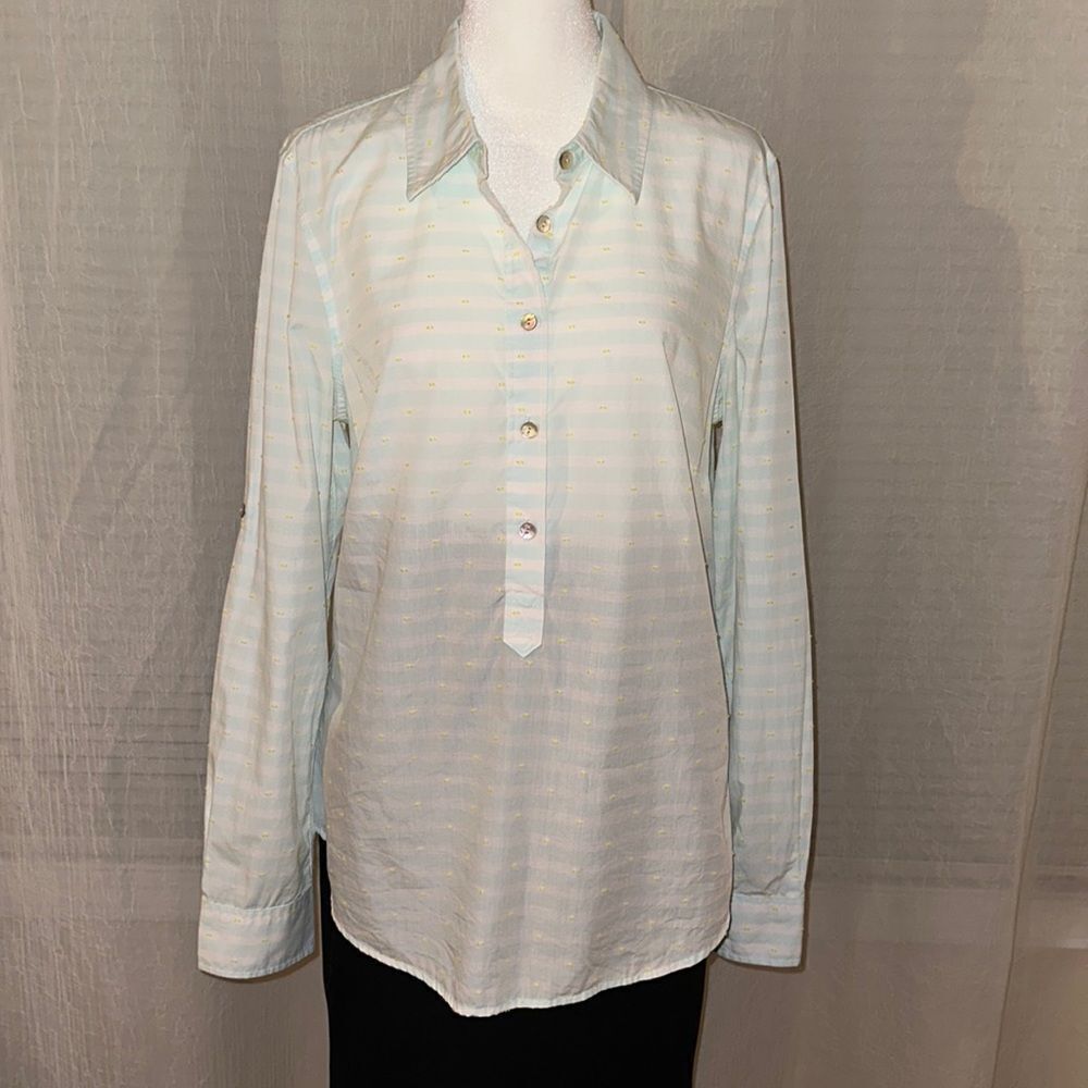 Vineyard Vines 12 Blue White Lemon Yellow Swiss Dot Button Long Sleeve Shirt